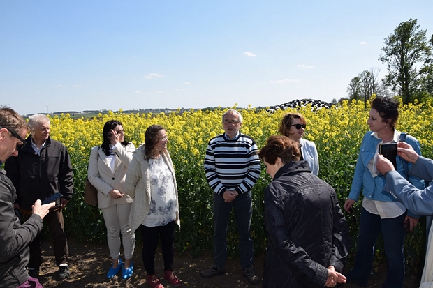 w centralnej części zdjęcia kierownik ZDOO w Głębokim wita zgromadzonych wokół niego przybyłych gości. W tle kwitnący rzepak ozimy