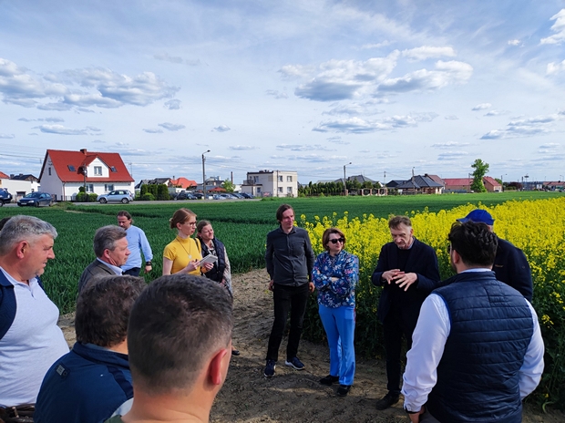 Pan Jacek Broniarz przy poletkach z rzepakiem ozimym opowiada zgromadzonym gościom o metodyce prowadzenia doświadczeń.